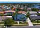 Stunning two-story home boasts lush landscaping, a blue metal roof, and a welcoming walkway at 7114 Pelican Island Dr, Tampa, FL 33634