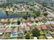 An aerial view of a neighborhood with a lake shows the home's proximity to water features at 10414 Hallmark Blvd, Riverview, FL 33578