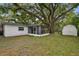 Expansive backyard featuring a shed and enclosed porch area under a mature shade tree at 1311 W Perdiz St, Tampa, FL 33612
