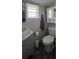 Bathroom featuring a gray vanity, toilet, medicine cabinet, window, and gray wood-look floors at 13330 Fort King Rd, Dade City, FL 33525