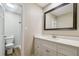 Bathroom features a white vanity with modern finishes and a large framed mirror at 1410 Moss Laden Ct, Brandon, FL 33511