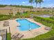 Large community pool with lounge chairs and umbrella seating areas for residents and guests at 17527 Stinchar Dr, Land O Lakes, FL 34638