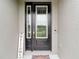 A welcoming front door with glass panels and a 'Welcome' sign, complemented by stylish hardware at 18079 Romanesque Ct, Spring Hill, FL 34610