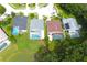 Aerial view of several homes featuring screened-in pools and well-maintained landscaping at 1842 Ridgelake Ct, Wesley Chapel, FL 33543