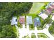An aerial view showing homes with pools, surrounded by lush greenery and a serene pond at 1842 Ridgelake Ct, Wesley Chapel, FL 33543