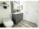 Modern bathroom featuring a gray vanity, white countertops, and a sleek white door that adds a touch of elegance to the space at 1842 Ridgelake Ct, Wesley Chapel, FL 33543