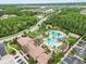 Aerial view of a community pool with palm trees, a water slide, and plenty of lounge chairs for residents to enjoy at 28565 Picana Ln, Wesley Chapel, FL 33543