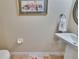Powder room featuring a pedestal sink, artwork, and tile flooring with a patterned rug at 5303 Cottonwood Tree Cir, Valrico, FL 33596