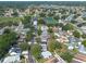High angle aerial view of a suburban neighborhood showcasing green trees, a park, and various residential homes at 1421 Dew Bloom Rd, Valrico, FL 33594