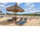 Relax on beach loungers under a thatched umbrella with views of the community beach volleyball court at 16624 Maude Dr, Wimauma, FL 33598