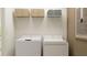 Bright laundry area features modern white appliances, wire rack shelving, storage baskets, and neutral wall color at 22363 Nebula Way, Land O Lakes, FL 34637