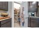Walk-in pantry with shelving units to maximize kitchen storage and organization with an apron hanging nearby at 2898 Living Coral Dr, Odessa, FL 33556