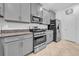 Stylish kitchen with gray cabinets and stainless steel appliances at 3216 Bryant Park Dr, New Port Richey, FL 34655