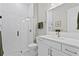 Modern bathroom with a glass-enclosed shower, white vanity, and gold fixtures at 3605 W Dale Ave, Tampa, FL 33609