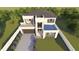 Aerial view of modern two-story home with clean lines, showcasing balcony, garage, and beautifully landscaped surroundings at 4316 Wallace Cir, Tampa, FL 33611