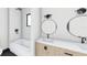 Bright bathroom featuring double sinks, a modern vanity, a shower and tub with white tile at 4316 Wallace Cir, Tampa, FL 33611