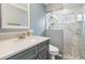 Stylish bathroom featuring modern sink vanity and glass-enclosed shower at 10232 Buncombe Way, San Antonio, FL 33576