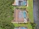Aerial view of a home with a private pool and spa, lush landscaping, and access to a canal at 1286 Stony Brook Ln, Dunedin, FL 34698