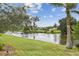 Scenic backyard with a tranquil lake view, lush green grass, and mature trees under a blue sky at 1286 Stony Brook Ln, Dunedin, FL 34698