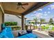 Covered patio with built-in outdoor kitchen, plush seating, and backyard views at 14110 Barrington Stowers Dr, Lithia, FL 33547