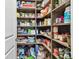 Walk-in pantry with dark wood shelving provides tons of space for organized food and household storage at 14110 Barrington Stowers Dr, Lithia, FL 33547