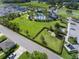 Community aerial view of the pool, clubhouse, green spaces, and playground, perfect for active living at 15430 Caravan Ave, Odessa, FL 33556