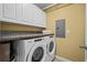 Functional laundry room featuring a washer, dryer, storage cabinets, and a countertop for folding clothes at 15430 Caravan Ave, Odessa, FL 33556