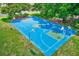 Aerial view of a full-sized community basketball court with green accents and mature shade trees at 25729 Aldus Dr, Land O Lakes, FL 34639