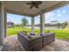 Relaxing covered patio seating area overlooking beautiful lake views and manicured lawn at 2724 Coco Palm Cir, Wesley Chapel, FL 33543