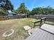 Large backyard with wooden fence, mature trees, and a deck at 4722 Harris Ave, Sarasota, FL 34233