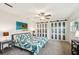 Well-lit bedroom with stylish décor, ceiling fan, bedside tables, and wide sliding closet doors at 6913 Grande Vista S Way, St Petersburg, FL 33707