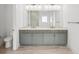 Modern bathroom with double vanity, large mirror, and stylish gray cabinets at 8316 Golden Beach Ct, Parrish, FL 34219