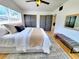 Bright bedroom featuring updated flooring, ceiling fan, closet, modern decor, and a comfortable queen-sized bed at 1373 Fairfax Rd, Clearwater, FL 33764