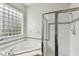 Bright bathroom with a large soaking tub, glass block window, and a separate shower at 16003 Ridley Pl, Tampa, FL 33647