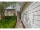 Exterior side view with fresh white siding, neat green hedges, and a quaint walkway at 20109 Bay Cedar Ave, Tampa, FL 33647