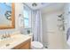 Bathroom featuring a wooden vanity, window, shower with blue curtain, and decorative accessories at 2273 Willowbrook Dr, Clearwater, FL 33764