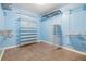 Walk in closet with ample shelving and storage with blue walls and unique flooring at 2526 W Jean St, Tampa, FL 33614