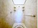 Stunning tile shower boasting convenient built-in shelves, grab bar, and mosaic tile flooring at 27511 Hialeah Way, Wesley Chapel, FL 33544