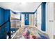 Bright upstairs hallway with a runner, rod iron railing, and doors to bedrooms and bathrooms at 533 Vista Ridge Dr, Ruskin, FL 33570