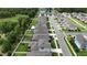 Aerial view of houses with well-maintained lawns lining the street and a pond in the background at 6658 Devlin Ln, Wesley Chapel, FL 33545