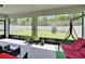 Covered lanai with a view of the landscaped backyard and a comfortable swing for relaxing at 6658 Devlin Ln, Wesley Chapel, FL 33545