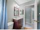 Well-lit bathroom features modern vanity with a dark wood finish and a decorative mirror at 8514 Manassas Rd, Tampa, FL 33635