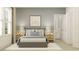 Bedroom featuring a bed, modern decor, side tables, and a view into the bathroom at 9604 Runaway Breeze Dr, Land O Lakes, FL 34637