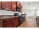 Modern kitchen featuring dark wood cabinets and black appliances at 10847 Kirkwall Port Dr, Wimauma, FL 33598