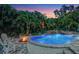 Captivating pool area with a built-in fire pit, ambient lighting, and lush landscaping for a serene retreat at 1217 N Florida Ave, Tarpon Springs, FL 34689