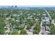 Expansive aerial shot of a neighborhood with lush trees and a city skyline in the distance at 1620 15Th N St, St Petersburg, FL 33704