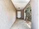 A covered front porch with light gray textured walls leads to a white front door with plants and stone accents at 7613 Bramblewood Dr, Port Richey, FL 34668