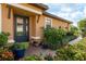 Charming front entrance with colorful flowerbeds surrounding a blue door, adding warmth and character at 11551 Callisia Dr, Odessa, FL 33556