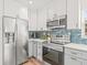 Modern kitchen featuring stainless steel appliances, white cabinetry, and a stylish blue backsplash at 1713 W Saint John St, Tampa, FL 33607