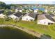 Aerial view of backyard, showcasing the home's location next to a serene lake at 4411 Whitton Way, New Port Richey, FL 34653